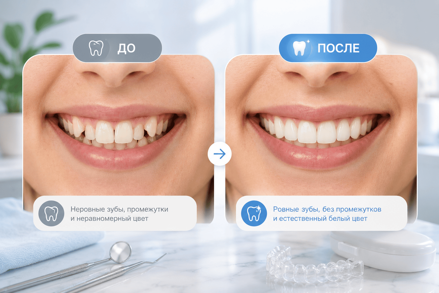 Фото &laquo;До/После&raquo; ортодонтического лечения (разница в улыбке)